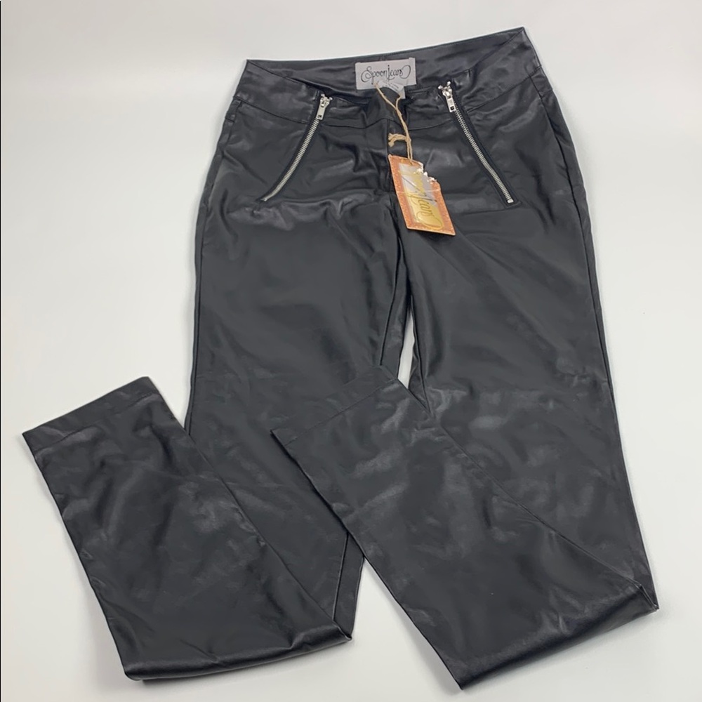 Spoon Jeans faux Leather Stylish Black Pants with Zipper Details Size Medium NEW